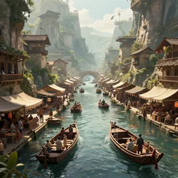 cinematic, panorama, fantasy marketplace canal, boats, people, sharp focus, highly detailed, wideshot ultrawide angle epic scale, dynamic dramatic ighting, shadows, cinematic atmosphere, artstation, hyperrealistic 3 d digital art, octane render, 8 k 4 k uhd image