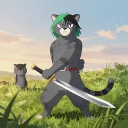 grey anthropomorphic panther anime character with green and black hair wielding a sword standing in tall grass at dawn