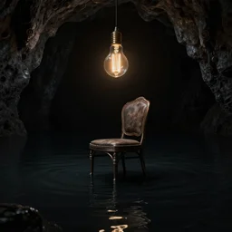 concept art, chair under an edison bulb in empty black space, black cave lake, cgsociety, steampunk, surreal, extreme contrast, sunken in black water, void
