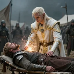 portrait of an aasimar man with platinum blonde hair wearing white and gold vestments under armor healing a wounded soldier on a stretcher with holy magic in war camp, detailed, realistic, Greg Rutkowski, 4k, pensive