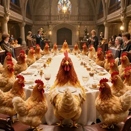a scene from the harry potter banquet hall but everyone is a chicken