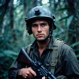 film still, close up of in the jungle as a vietnam door gunner, apocalypse now, associated press,, 2 6 mm, kodak ektachrome, blue tint expired film