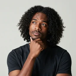 a black man with long curly hair thinking 🤔