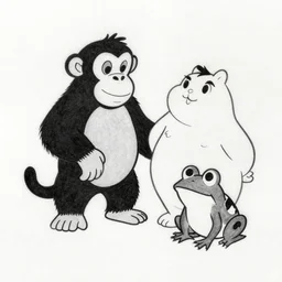 drawing from 1 9 2 0's disney animation, white paper, black & white, monkey polar bear, fat rabbit frog