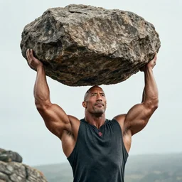 dwayne johnson holding a giant rock above his head