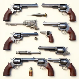 Kitbashed Cyberpunk weapons, revolvers, pistols, maximalist, blinn