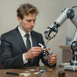 a painting of a human figure wearing a suit being assembled from pieces by a robot hand. featured on artstation. detailed scfi - fi. cinematic