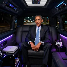barack obama on pimp my ride sitting in his newly upgraded presidential limo complete with a playstation 2, and a minibar. there are also neon lights in the interior.
