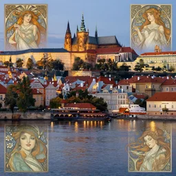 a view from the river of a city resembling prague, paris, and venice at dusk, intricate, elegant, highly detailed, digital painting, artstation, concept art, smooth, sharp focus, colored illustration for tattoo, art by krenz cushart and artem demura and alphonse mucha,