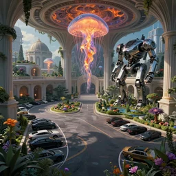 Futuristic parking lot with ((((beautiful and magical garden)))). By Frank Lloyd Wright, concept art, inrincate, sharp focus, digital painting, unreal engine, cgsociety, neoclassical, mech, robot, fractal flame, cinematic, jellyfish texture, highly detailded