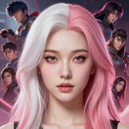 half - voidcore symmetrical woman with cute - fine - face, pretty face, white and pink hair, realistic shaded perfect face, extremely fine details, by realistic shaded lighting, dynamic background, poster by ilya kuvshinov katsuhiro otomo, magali villeneuve, artgerm, jeremy lipkin and michael garmash and rob rey, pascal blanche, riot games