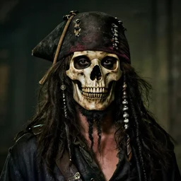 70mm photo of a worn and stained skull masked dirty rugged old pirate lord wearing a Skull Bone Mask dirty old black hat, worn black coat, long black beard and long black hair, dark scene with dim light, movie scene, depth of field