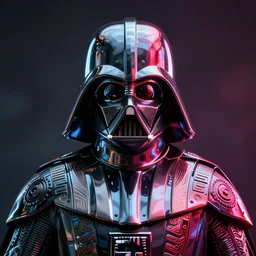 chrome darth vader, glossy, metallic, neon, symmetrical, tribal patterns, realistic, unreal engine, octane, redshift, artstation, behance