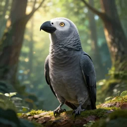 African Grey bird as a cleric, fantasy art, forest, shining light