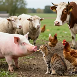 butcher giving food to a cat, while being watched by a pig, a sheep, a chicken and a cow
