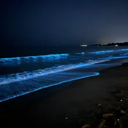 nighttime view of beach on the ocean, bioluminescent on the edges of waves, realistic, fine detail, 4k, amazing