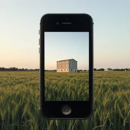 A serene landscape with a singular building in the style of Iphone 4 front camera