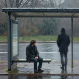 a lonely man, sitting at a bus stop in the rain, a shadowy figure watching him from afar, oil painting, high detail