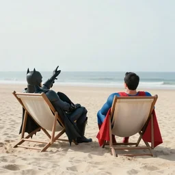 realistic photo of batman and superman, they are on a quiet beach, they are sitting on loungers while watching the sunset, by tuca reines and max rive, graphic studio design, high detail, unreal engine 5, trending on artstation