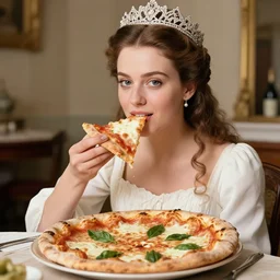 a historical photo of young beautiful queen margherita of italy, eating a pizza margherita with her hands, intricate detailed tiara, pearl necklace, large cornicione, black and white photo, smooth lighting, masterpiece, perfect symmetry