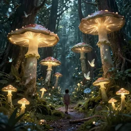 eerie glowing mushroom forest with fairies, raining, fantasy landscape, 8k, ultra detailed, concept art, trending on artstation