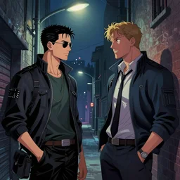 two secret agents meeting in an alleyway, detailed illustration by thomas kinkade, cyberpunk, nighttime, streetlight