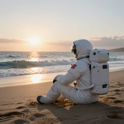 a astronaut sitting on the beach looking to the sea at sunrise, concept art, octane render, unreal engine 5, trending on Artstation, high quality, highly detailed, 8K, soft lighting, godrays, path tracing, serene landscape, turbulent sea, high coherence, anatomically correct, hyperrealistic, sand, beautiful landscape, cinematic