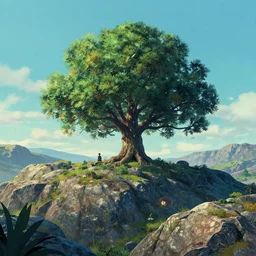 elven tree in the rocky hills, Low level, rendered by Beeple, Makoto Shinkai, syd meade, simon stålenhag, synthwave style, digital art, unreal engine, WLOP, trending on artstation, 4K UHD image, octane render,