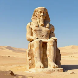 Ozymandias statue is standing in the desert half sunk a shattered visage only legs and head, desert, sunny day, digital painting