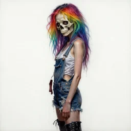 mixed media painting of a grungy skull woman with rainbow hair, soft eyes and narrow chin, dainty figure, torn overalls, short shorts, combat boots, basic white background, side boob, wet tshirt, wet, raining, post - processing, portrait, extremely hyper - detailed, intricate, epic composition, cinematic lighting, masterpiece, trending on artstation, very detailed, masterpiece, stunning,