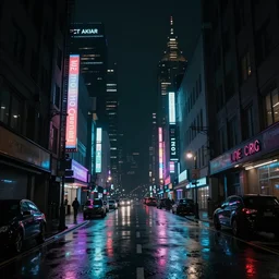 rainy cyberpunk downtown city street in dark night time, neon lights glow, black sky