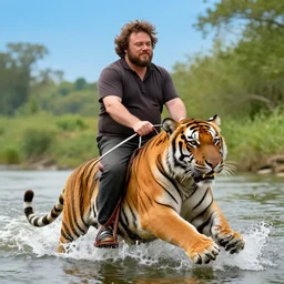 jack black riding a tiger, river, stunning, hd, vibrant, trending