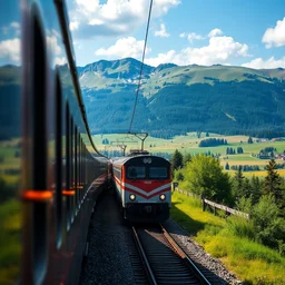 a train in beautiful landscape, at daytime, f / 1, 1 / 2 shutter speed, iso 1 0 0