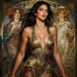 kendall jenner, bold, passionate, seductive, expressive, charismatic, very sweaty, intricate fashion clothing, insane, intricate, highly detailed, digital painting, artstation, concept art, surrealistic, smooth, sharp focus, illustration, unreal engine 5, 8 k, art by artgerm and greg rutkowski and alphonse mucha