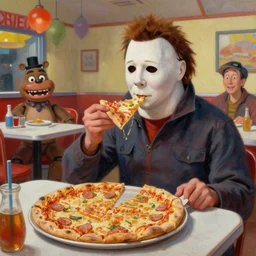 painting of Michael Myers seated in Pizzeria eating a delicious pizza with Freddy Fazbear, tables, happy, charming, typical, picturesque, sharp focus, wide shot, trending on ArtStation, masterpiece, by Greg Rutkowski, by Ross Tran, by Fenghua Zhong, octane, soft render, oil on canvas, colorful, cinematic, environmental concept art