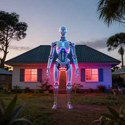 cybernetic neon lit ndebele homestead seen from the front, highly detailed, octane rendered