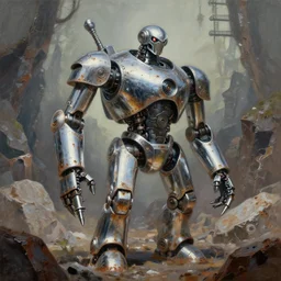 tarnished chrome robot with conical drills, matte oil painting, retrofuturistic, concept art, quarry, science fantasy, mutant, lgbt, rpg, epic, rusted, salt, jungles, dungeons & dragons, sharp focus, award - winning, extremely detailed, 4 k, 8 k