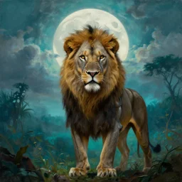 by frazetta , panoramic close up of realistic lion as barbarian hunter with human body and chest armor, full body backlight ,top light ,full body portrait ,highly textured oil painting ,jungle ,cyan graveyard  with backlight from the moon ,foggy background ,with  dramatic sky ,clouds and giant oversized moon and storm