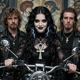 wyona rider as death from sandman, gentle smile, by cedric peyravernay, by lecouffe deharme, alphonse mucha and maciej kuciara, goth chic, ankh pendant, soft lightning, eyeliner, punk rock, high detailed, 8 k
