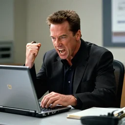 arnold schwarzenegger as conan the barbarian from the movie conan the barbarian, in an office, sitting at a desk, shouting at a laptop, angry, laptop trouble, technical difficulties, software error, crisp lighting, studio lighting