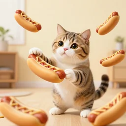 hot dogs falling around an anthropomorphic cat