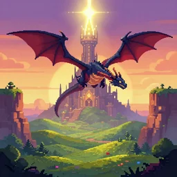 pixel art landscape of a dragon flying around an elven magicians tower with bright light shining from top, strange magic, beautiful rolling hills, sunset, cliffs, warm light, artstation, deviantart