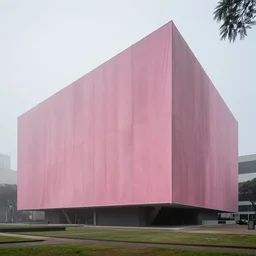 parametric architecture museum, facade in faded pink fabric, in sao paulo, morning fog