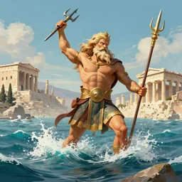 Poseidon emerging from the sea and striking down the ancient Greek city of Athens with his trident, high quality DnD illustration, trending on artstation