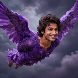 close up portrait, smiling avan jogia as an angel flying, purple feathers, storm clouds alphonse mucha, rhads, ross tran, artstation, artgerm, octane render, 1 6 k