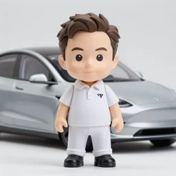 a anime nendoroid of elon musk wear white polo and black shoe, car tesla 3, figurine, product photo, detailed