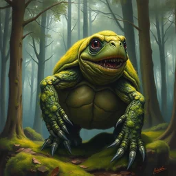 highly detailed oil painting of a mossy turtle monster in the forest, featured on pixiv