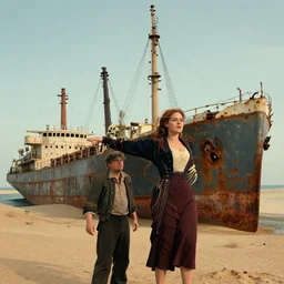 an abandoned rusty cargo ship in the desert with leonardo dicaprio and kate winslet in the movie titanic as skeletons in a t - pose, standing on the bow, wide shot, zoomed out, extremely detailed line art and watercolor by kim jung gi and greg rutkowski