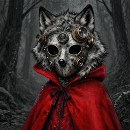 cute gothic, steampunk, plague mask, wolf hide, little red riding hood in the rain, detailed intricate ink illustration, dark atmosphere, detailed illustration, hd, 4k, digital art, overdetailed art, concept art, by greg rutkowski, by loish, complementing colors, Trending on artstation, deviantart