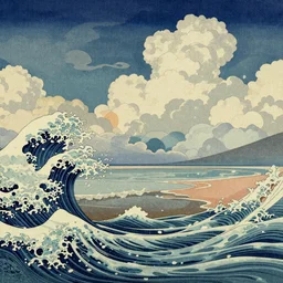clouds and waves, An aesthetically pleasing, dynamic, energetic, lively, complex, intricate, detailed, well-designed digital art of a beach, ripples, waves, sea foam, light and shadow, overlaid with aizome patterns, Shin-hanga by Thomas Kinkade and Bob Ross, traditional Japanese colors, superior quality, masterpiece, featured, trending, award winning, HDR, HD, UHD, 4K, 8K, anamorphic widescreen